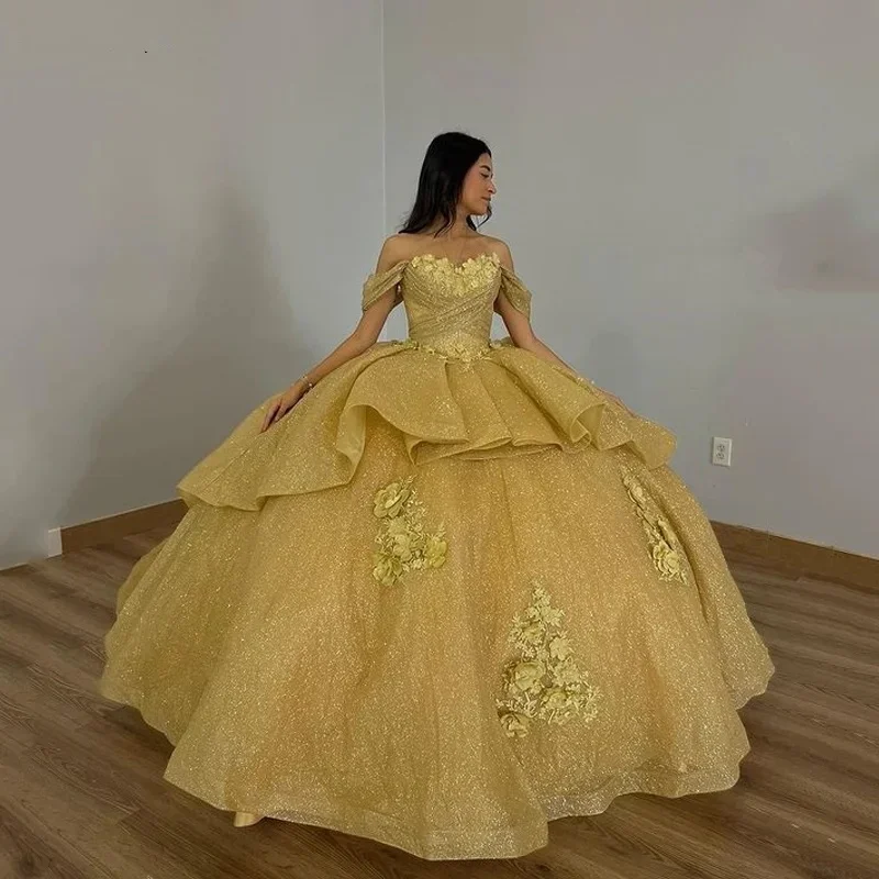 Vintage-Inspired Garments Trend Setting Wardrobe Sparkly Champagne Princess Quinceanera Dresses Off Shoulder Pearls Ball Gown Glitter Appliques Crystals Beads Sweet 15th Dress