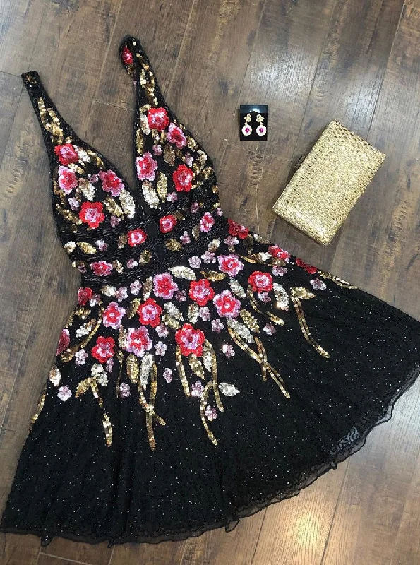 Women's Formal Clothes Exclusive Discount Stunning A-line V-Neck Sequined Floral Black Homecoming Dress OM398