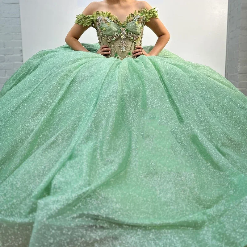 Women's Elegant Outfit Trendy New Clothes Sage Green Quinceanera Dresses Ball Gown Birthday Party Dress Applique Lace Beads Graduation Gown Sweetheart de 15 anos