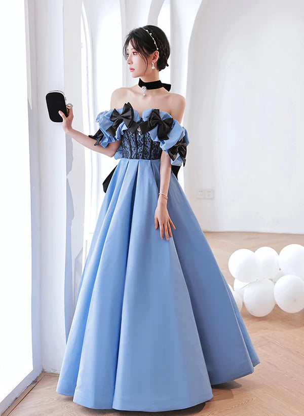 Women's Athletic Garments Unleash Your Style Blue Satin Off Shoulder Black Lace Long Party Dress A-line Blue Prom Dress Evening Dress