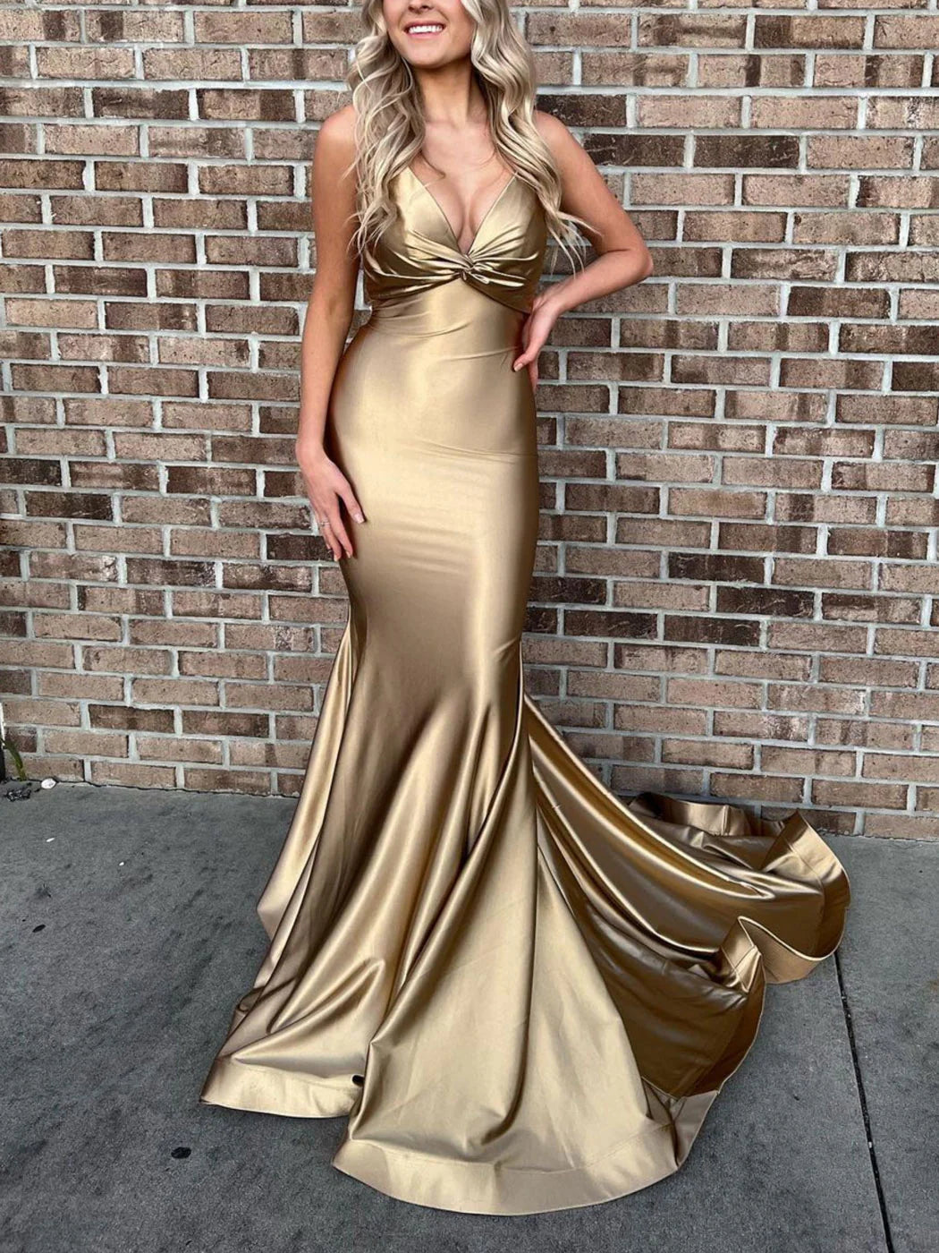 Women's Formal Clothes Fashion Essentials Amzcw Simple gold satin mermaid long prom dress gold evening dress formal wear dresses