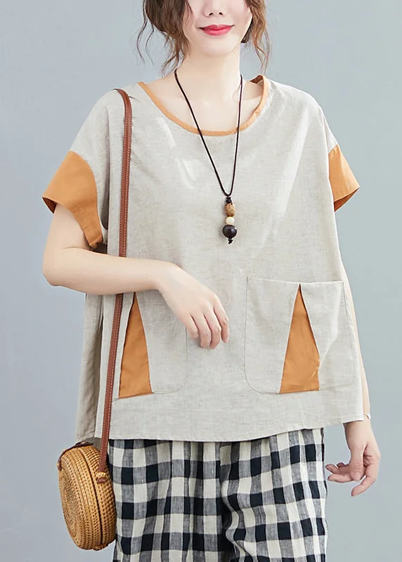 Comfortable Garments For Women Soft Textures Casual Light Grey Oversized Patchwork Pockets Cotton Tanks Summer