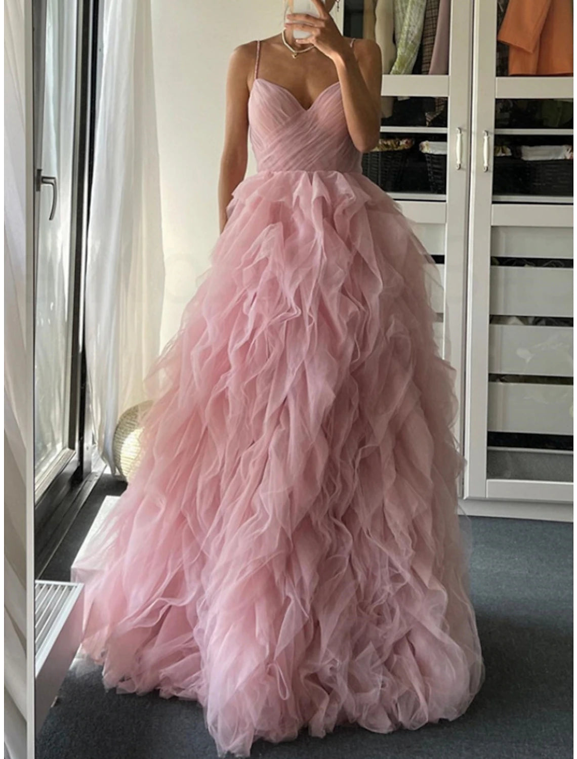 Fashionable Women's Casual Apparel Refined Look A-Line Prom Dresses Elegant Dress Formal Floor Length Sleeveless Spaghetti Strap Tulle with Pleats Ruffles