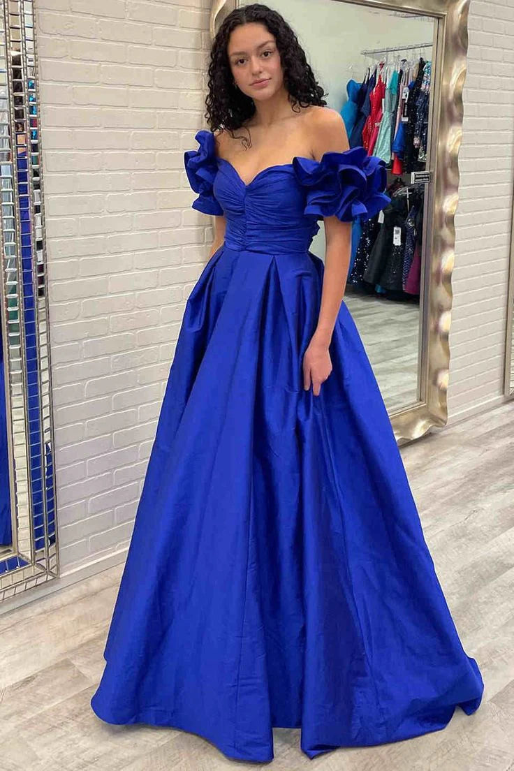 Timeless Women's Garments Trend Setting Wardrobe Flower Sleeves A-Line Hot Pink Evening Party Dress Blue Long Satin Prom Dress 2024