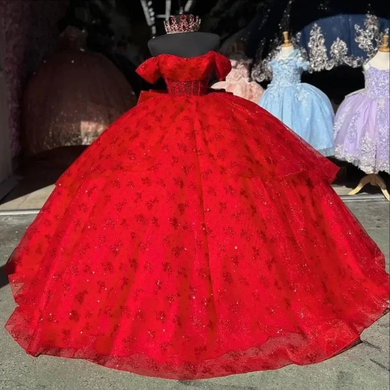 Chic Women's Garments End-Of-Season Clearance Sparkly Red Vestido De Princesas Lace Beading Crystals Off the Shoulder Ball Gown With Bow Tull Vestidos De 15 Anos Customized