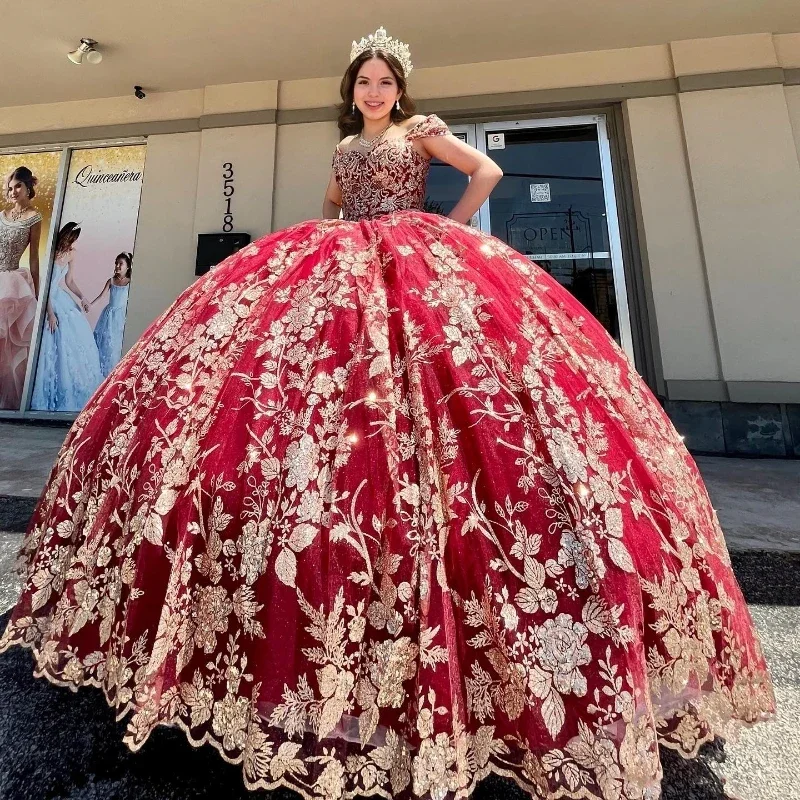 Women's Clothing With Trendy Designs Limited Edition Red Glitter Sequined Ball Gown Quinceanera Dresses Off The Shoulder Gold Applique Lace Corset Vestidos De 15 Años