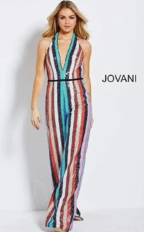 Women's Plus-Size Casual Outfit Big Discounts Jovani Formal Halter Stripe Jumpsuit Sale