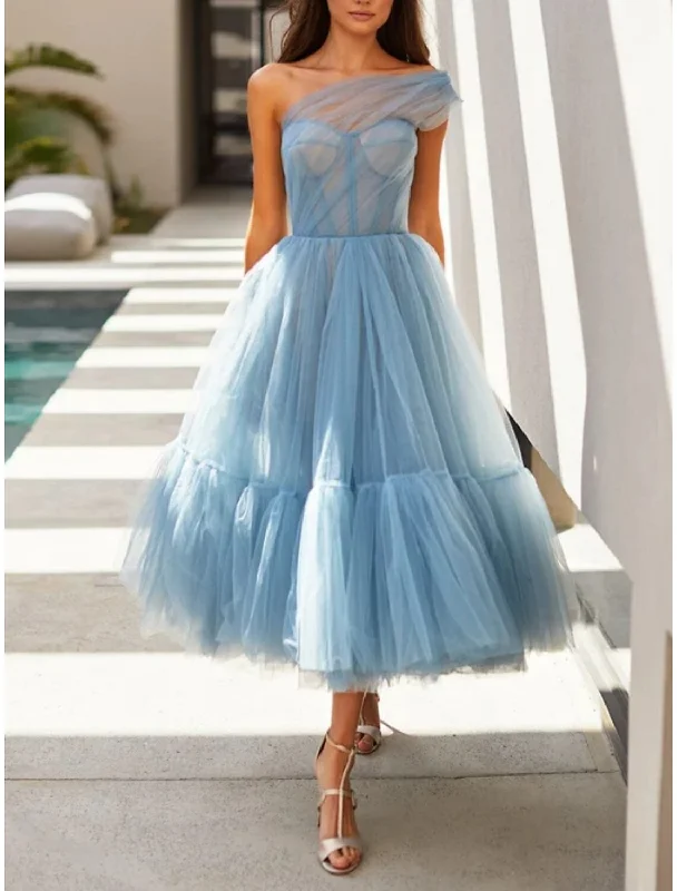 Affordable Women's Outfit Trend Setting Wardrobe A-Line Prom Dresses Elegant Dress Formal Tea Length Sleeveless One Shoulder Tulle with Pleats