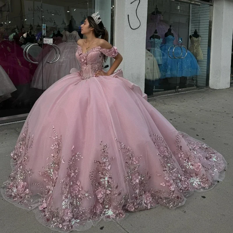 Women's Athletic Garments Elegant Attire For The Modern Lady Sparkling Pink Sweetheart Quinceanera Dress Off the Shoulder Appliques Beads Party Sweet 16 Ball Gown Graduation Prom Gowns