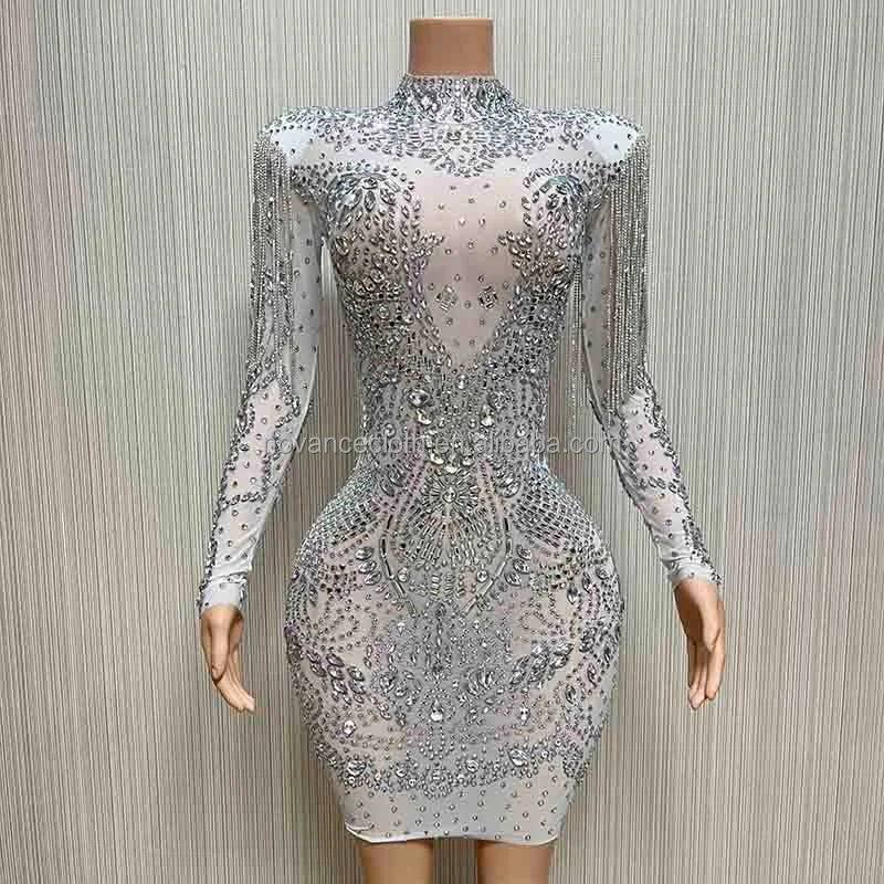 Casual Garments For Women Fashion Forward, Function First NOVANCE Y1729-A new 2023 arrivals high neck white mesh shiny tassels crystal dress elegant sparking diamonds gown evening party