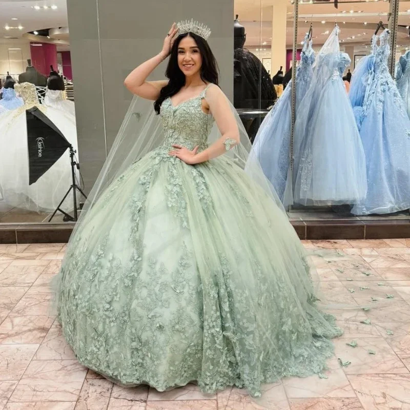 Women's Casual Outfit Huge Discounts This Week Sage Green Luxury Quinceanera Dresses With Cloak Butterfly Lace Tull Birthday Party Prom Vestidos De 15 Anos Ball Gowns