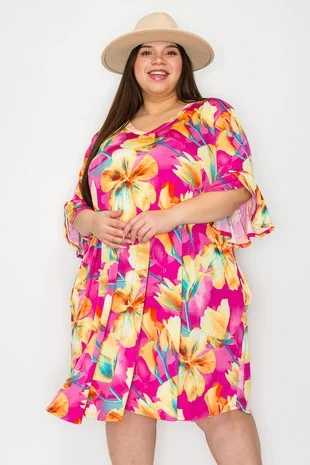 Women's Clothing Stylish Savings Gorgeous Bright Pink Yellow Floral Dress