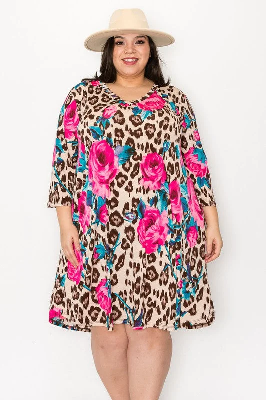 Women's Elegant Clothes Fashionista Favorites Brown Leopard w Pink Floral Dress