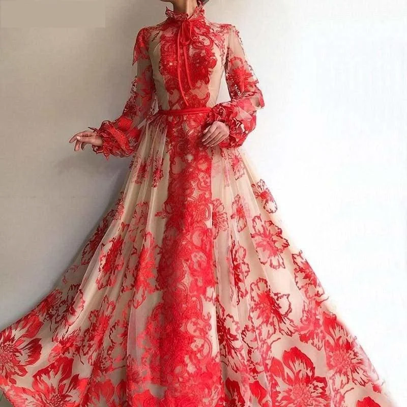 Fashionable Women's Outfit Mega Sales Red High Collar Long Sleeves Handmade Flowers Evening Ball Prom Gown Floral Dress