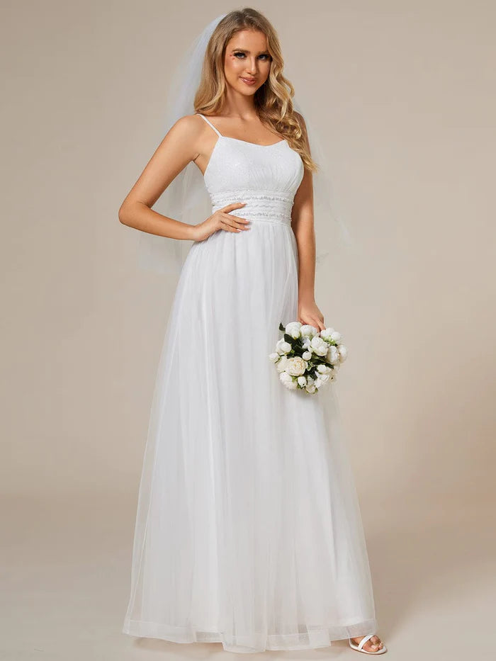 Women's Activewear Apparel Flash Sales Classic Adjustable Spaghetti Strap Tulle Wedding Dress with Waist Paillette Chain