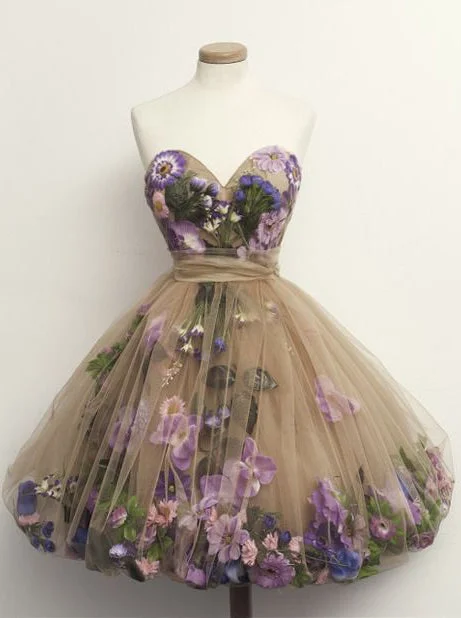 Women's Vintage Clothes Chic Style A Line Cute Sweetheart Short Prom Dresses Tulle with 3D Florals