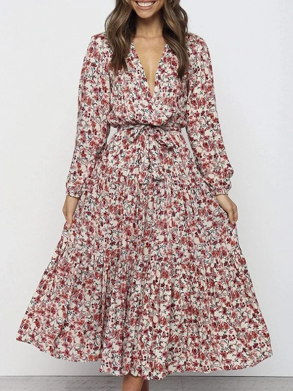 Women's Active Garments For Workouts Dive Into Trendy Styles Flowing Floral Print Long Dress - Red