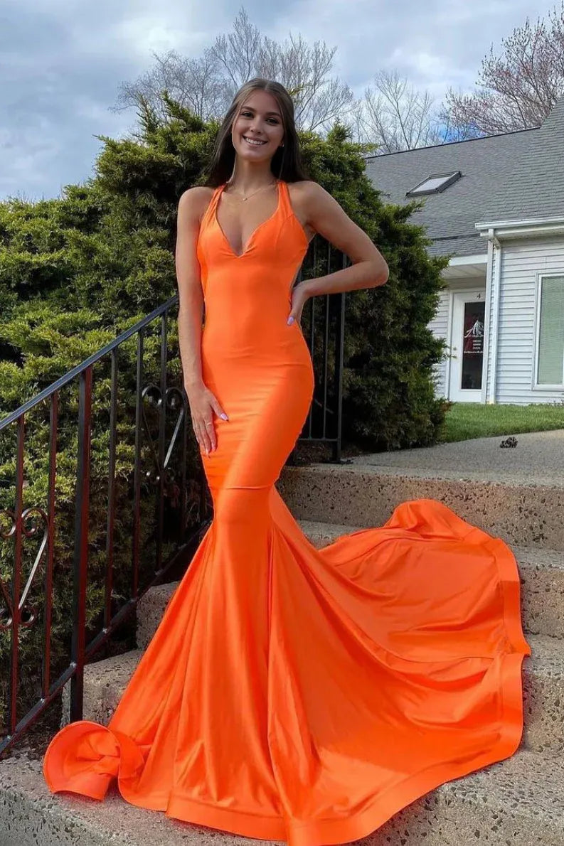 Women's Holiday Apparel Fashion Deal Amzcw Simple Orange satin mermaid long prom dress orange evening dress formal wear dresses