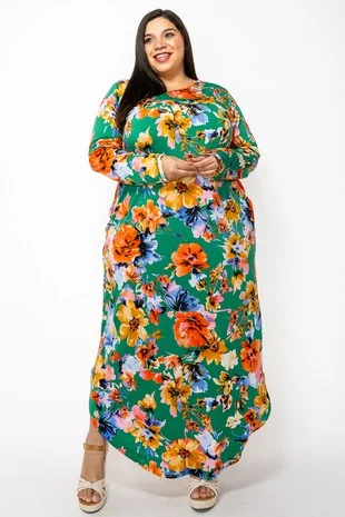 Women's Active Clothing Everyday Wear Green Floral Long Sleeve Maxi Dress w Pockets