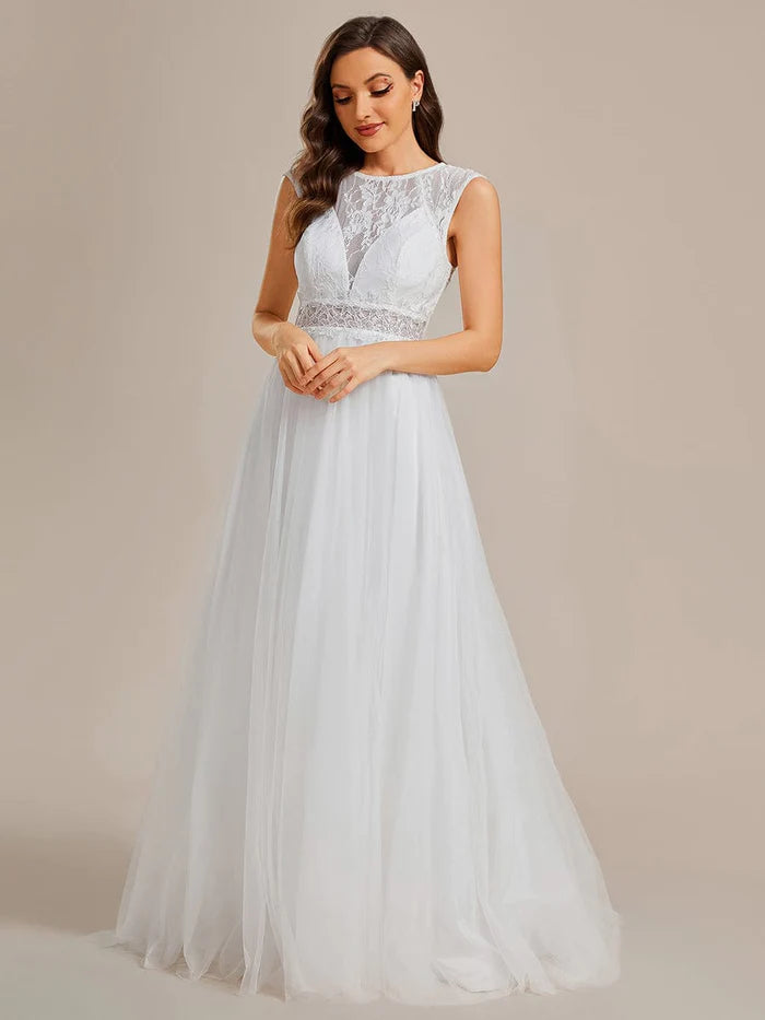 Women's Travel Apparel Best Sellers Cover Sleeve See-Through Round Neckline Lace Embroidery Wedding Dress