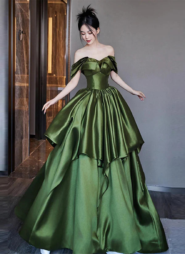 Women's Classic Attire Trend Forward Threads For Her Green Satin A-line Off Shoulder Ballgown Ruffle Tiered Floor Length Party Dress Prom Dress