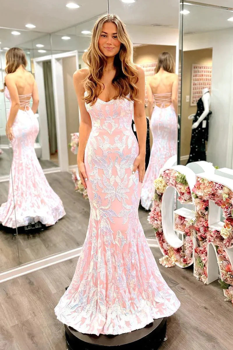 Women's Clothes And Garments Fashion Forward Femininity Cute Mermaid Scoop Neck Blush Pink Satin Prom Dresses with Sequins Lace