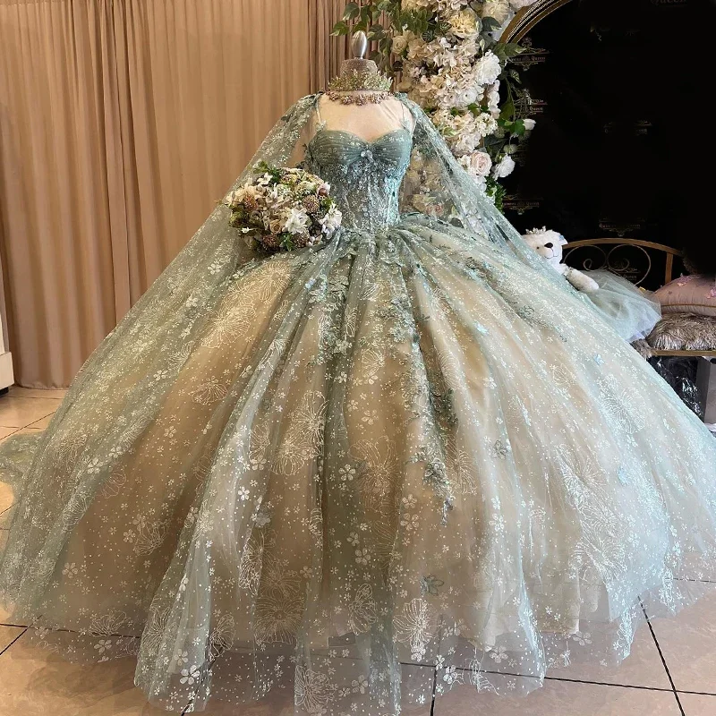 Women's Holiday Attire Redefining Women's Style Shiny Quinceanera Dresses With Cape Ball Gown Sweetheart Lace Beading Tulle Lace-Up Backless Party Princess Sweet 16 Dress