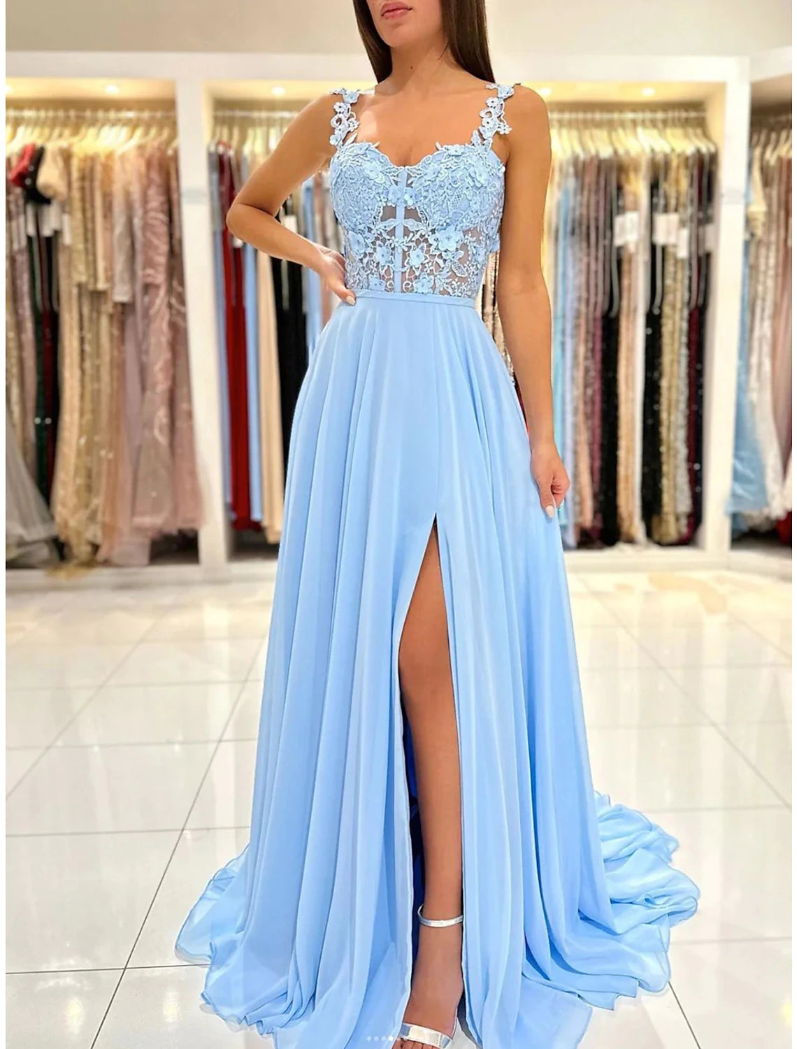 Women's Stylish Professional Apparel Statement Piece A-Line Prom Dresses Empire Dress Formal Prom Court Train Sleeveless Spaghetti Strap Chiffon Backless with Appliques