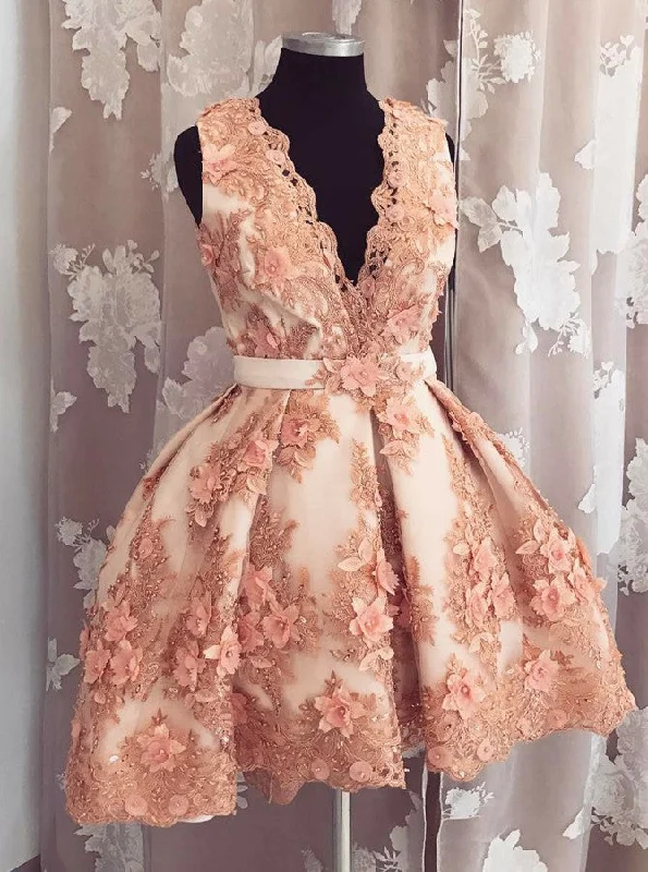 Women's Versatile Apparel End-Of-Season Clearance Blush Plunge Neckline Tulle Homecoming Dress With Florals Applique Beading OC107