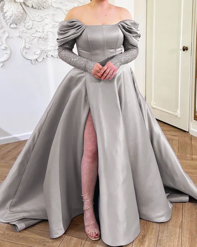 Women's Travel Garments Comfort First Women's Fashion Silver Off Shoulder Split Satin Dress With Sleeves A-Line Sequins Prom Dresses