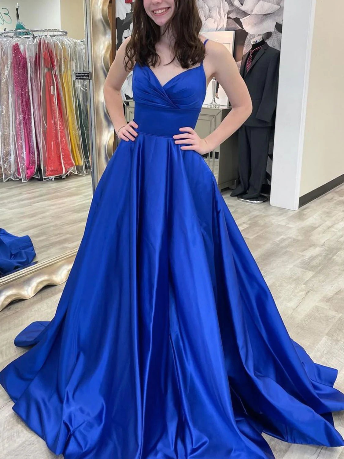 Women's Party Clothes Boutique Styles Amzcw Simple blue v neck satin long prom dress blue formal dress formal wear dresses