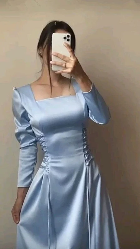 Women's Workout Clothing Flowy Fabric Satin Blue Long Evening Dress Party Dress Prom Dress        S6685