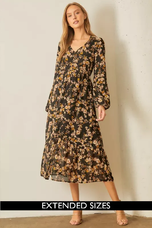 Affordable Women's Attire Browse Our Top Products The Penny Floral V-Neck Midi Dress in Black