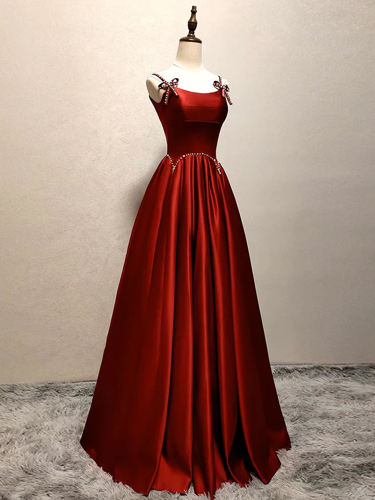 Women's Party Outfit Casual Weekend Relaxed Style Amzcw A-Line Satin Burgundy Long Prom Dress Burgundy Long Formal Dress prom dress in store