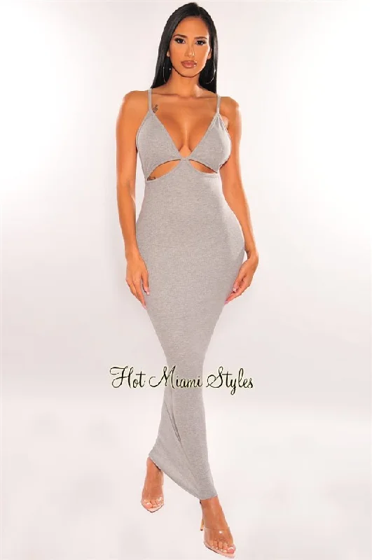 Stylish Women's Garments For Holidays Limited Stock, Big Sale Gray V Neck Spaghetti Straps Cut Out Maxi Dress