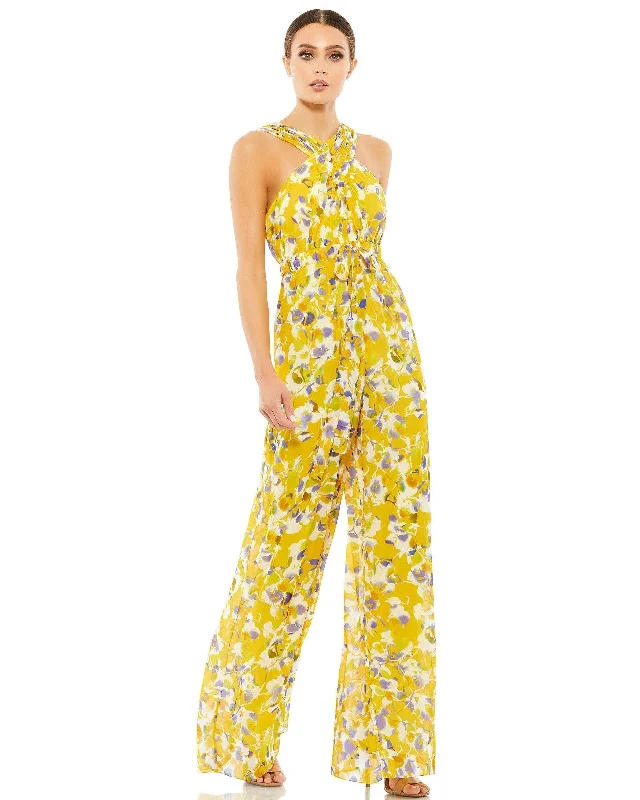 Women's Plus-Size Attire Chic And Trendy Mac Duggal 55433 Formal Floral Print Halter Jumpsuit