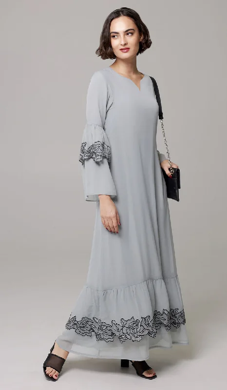 Women's Vacation Attire Limited Time Offers Mahin Embroidered Chiffon Modest Long Maxi Dress - Pearl/ Black - PREORDER (ships in 2 weeks)