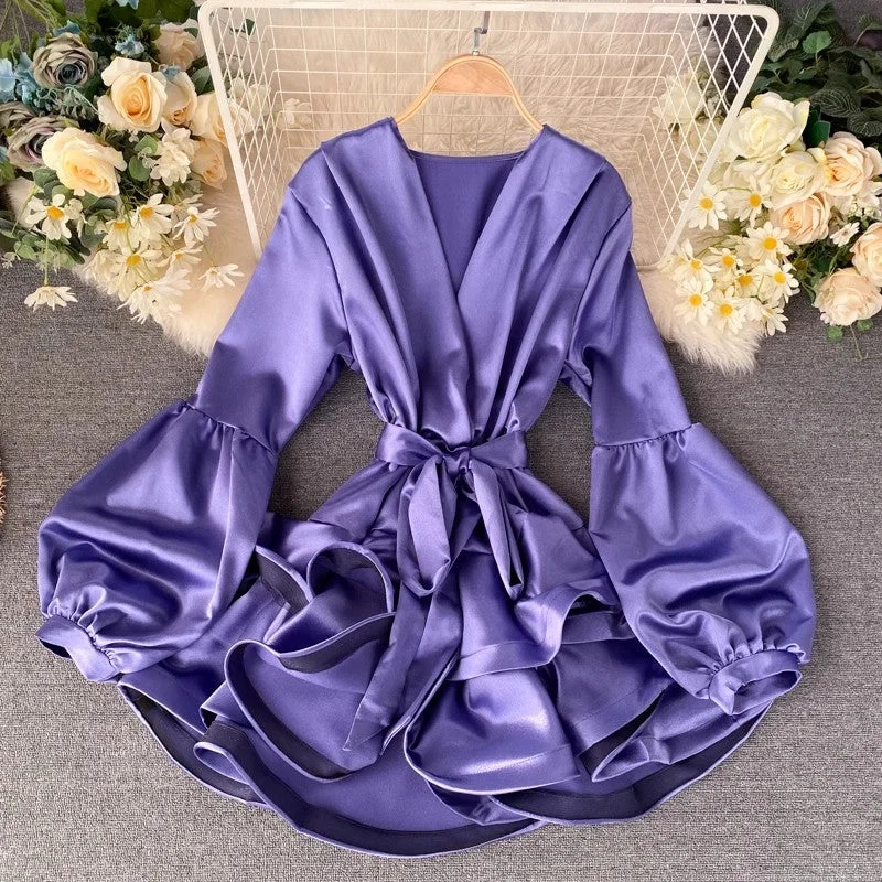 Women's Sporty Clothes Relaxed Style trendy women's satin lantern sleeves ruffle dress      S4520