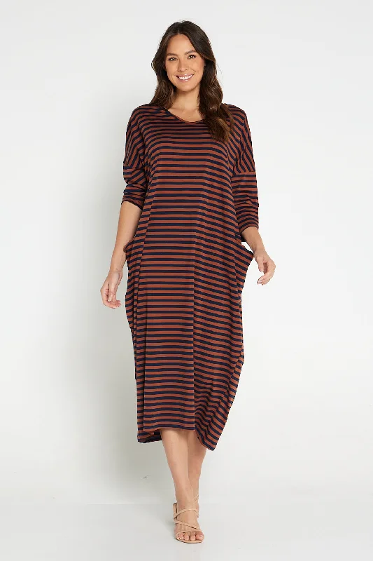 Stylish Women's Garments Season Offer Emmy Maxi Dress - Brown Navy Stripe