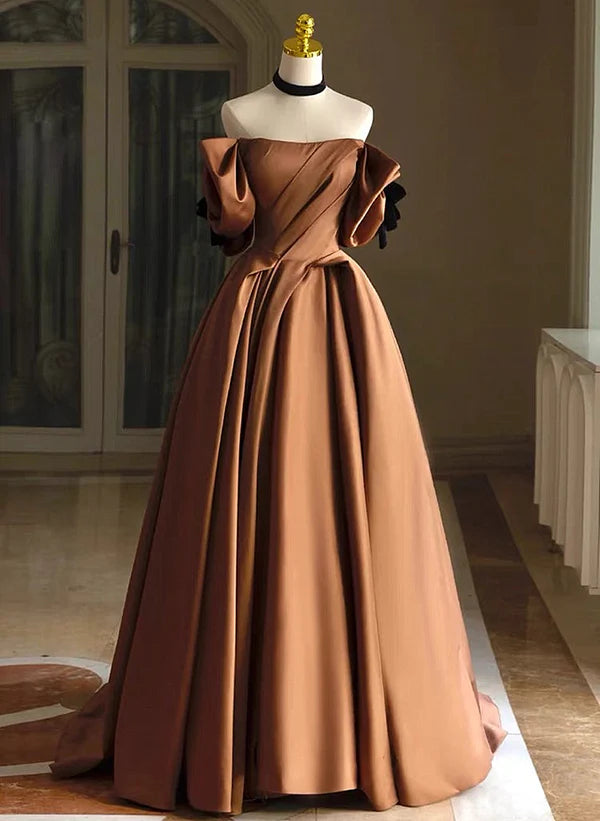 Women's Chic Outerwear Garments Chic Style, Always In Vogue A-line Ballgown Brown Satin Off Shoulder Scoop Long Prom Dress Evening Dress