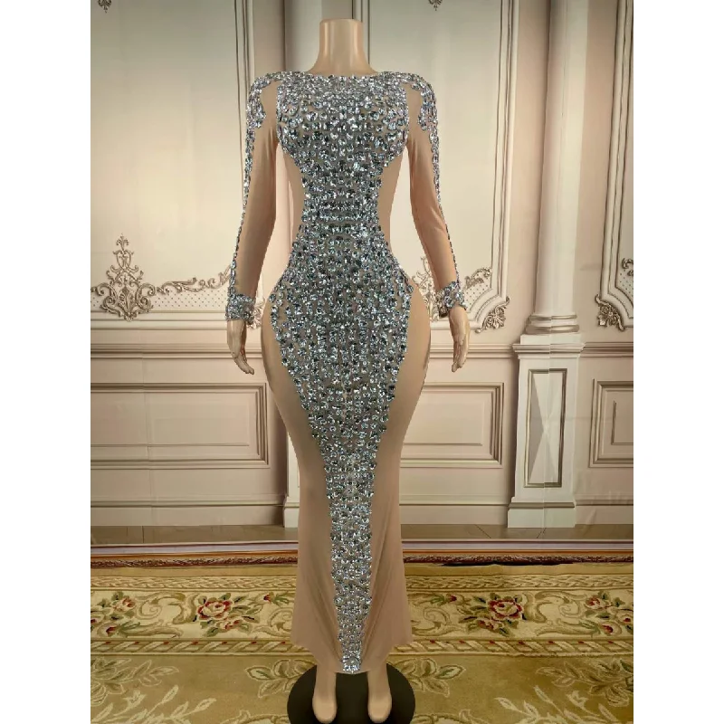 Women's Evening Attire Ride The Style Wave Long Sleeve Crystal Prom Long Dresses Women Rhinestone Maxi Casual 2022 Evening Gown Sexy Party Dresses Women Evening Elegance