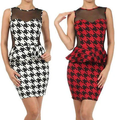 Women's Clothing For Special Occasions Seasonal Clearance Houndstooth Dress Cocktail Peplum Ruffle Sheer Mesh Sleeveless Mini Party