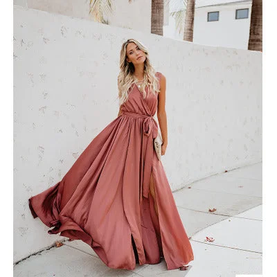 Women's Chic Outerwear Garments Embrace New Fashion Eva High Slit V Sleeveless Maxi Dress