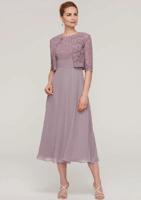 Women's Clothing For Work Limited Stock, Big Discounts A-line/Princess Scoop Neck Sleeveless Tea-Length Chiffon Mother of the Bride Dress With Lace Jacket