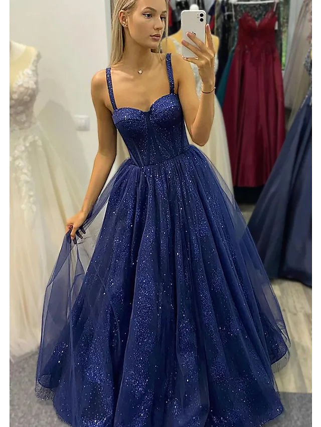 Women's Seasonal Attire Weekend Exclusive A-Line Prom Dresses Sparkle & Shine Dress Formal Floor Length Sleeveless Sweetheart Tulle Backless with Glitter Pleats