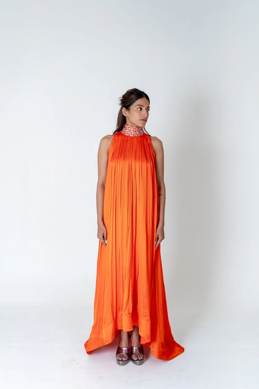 Women's Everyday Apparel Evening Elegance Orange-Pink Braided Halter Neck Gather Gown