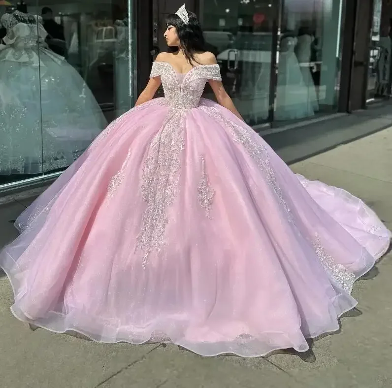 Women's Trendy Casual Clothes Discount Extravaganza Pink Shiny Quinceanera Dress Off The Shoulder Mexican Vestidos De 15 Princess Sweet 16 Birthday XV Ball Gown Cinderella dress