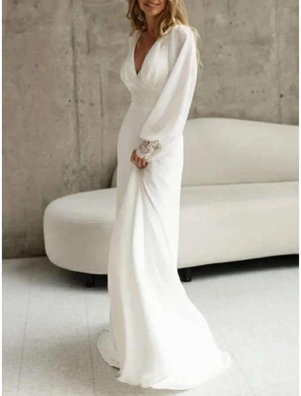 Women's Evening Attire Evening Looks Beach Simple Wedding Dresses Formal Wedding Dresses A-Line Illusion Neck Long Sleeve Floor Length Tulle Bridal Gowns With Ruched Beading