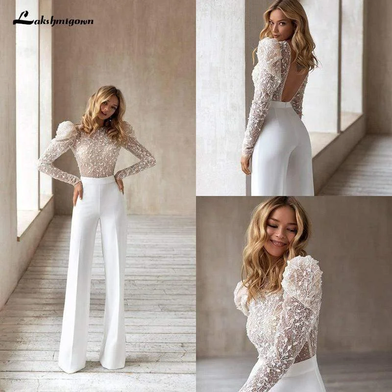 Women's Charming Outfit For Events Season Offer Roycebridal New Puff Sleeve Jumpsuit Boho Wedding Dress 2025 Lace Appliques Sexy Backless