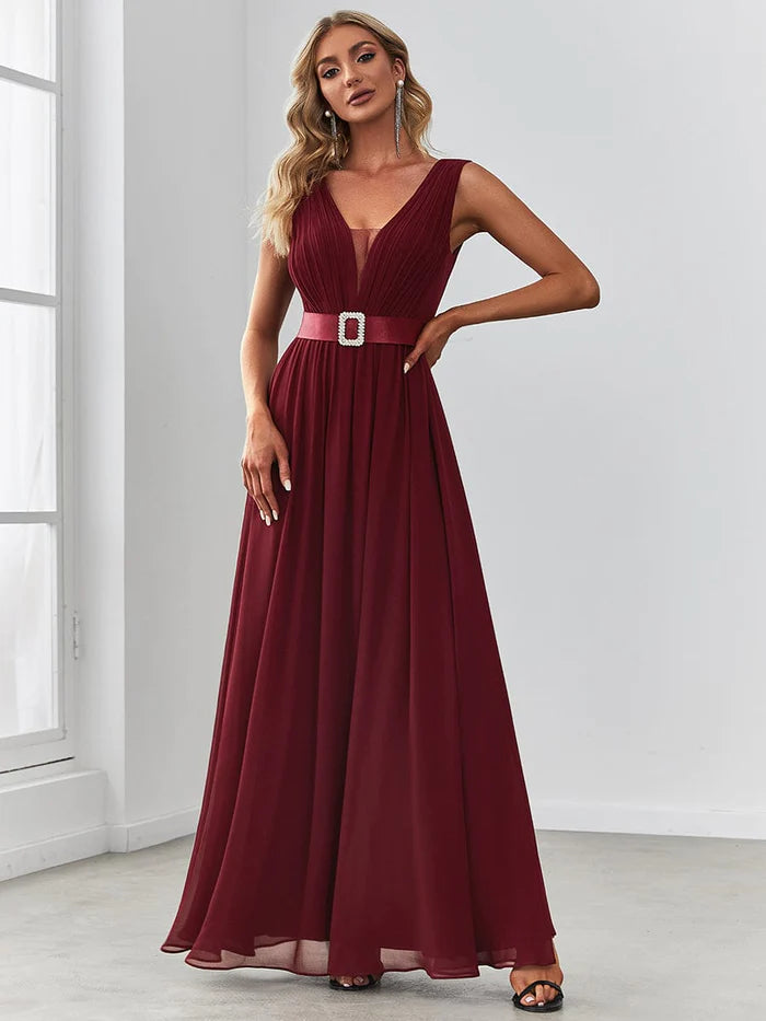 Women's Office Clothing The Latest Trends Chiffon Pleated Sleeveless Sequin Belt Evening Dress